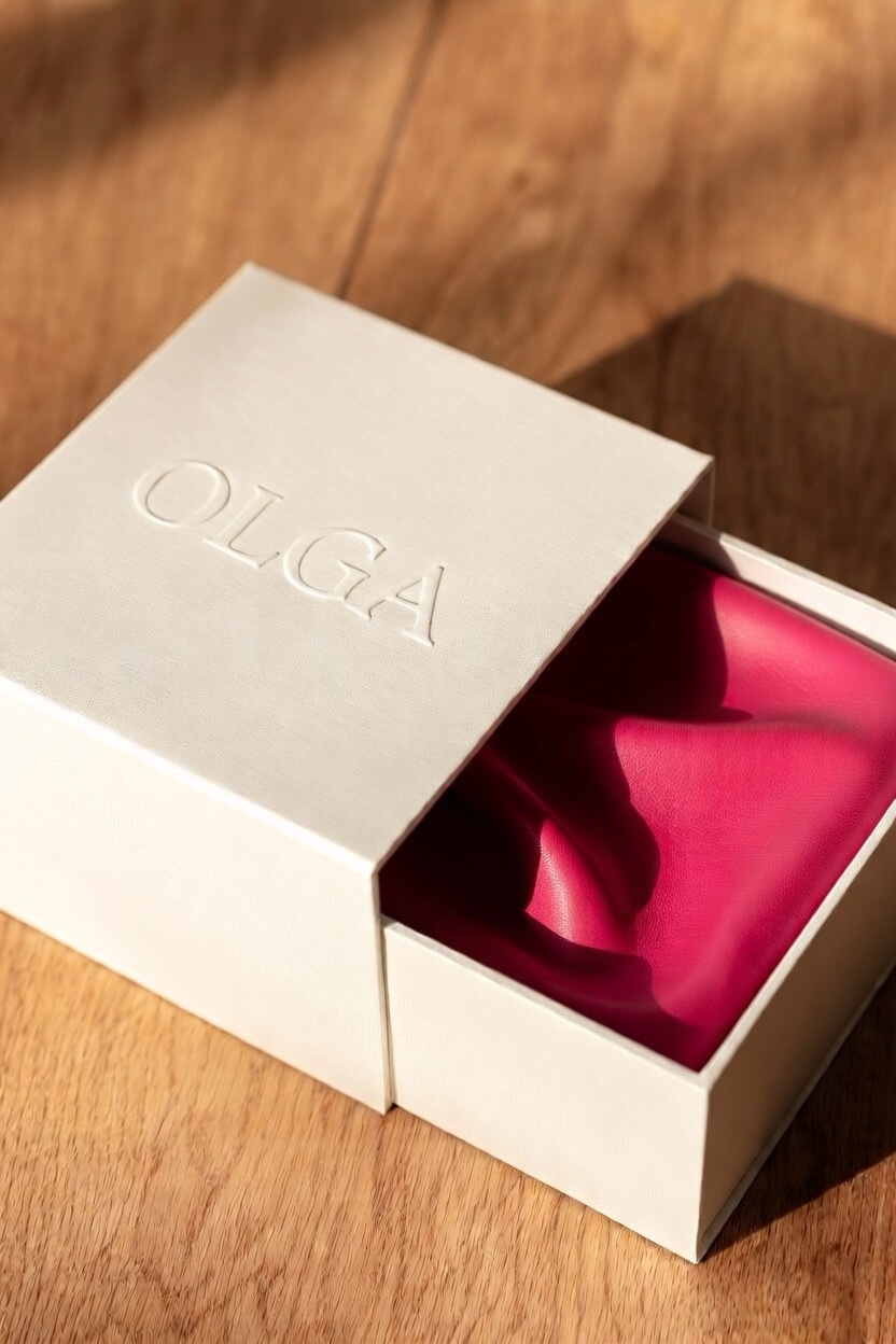 The cream packaging box embossed with OLGA, lined in raspberry pink leather.