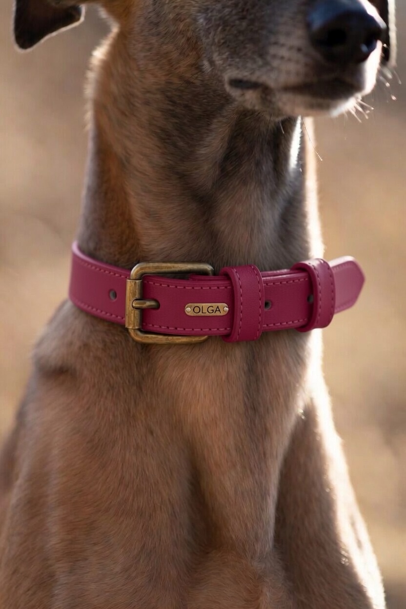 The Collar in raspberry pink leather with solid brass hardware and engraved name plate.