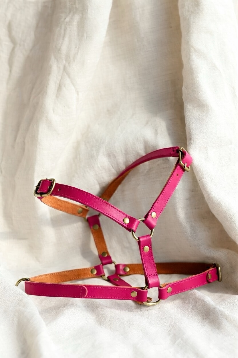 The Harness in raspberry pink leather, lined in cognac with brass hardware.