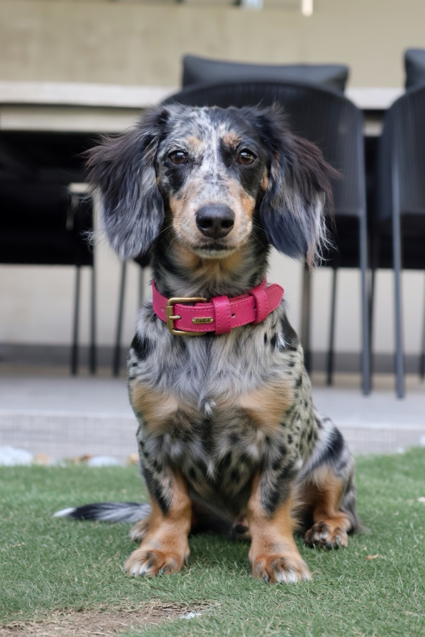Olga, a long-haired dapple dachshund, wearing the raspberry pink leather collar.