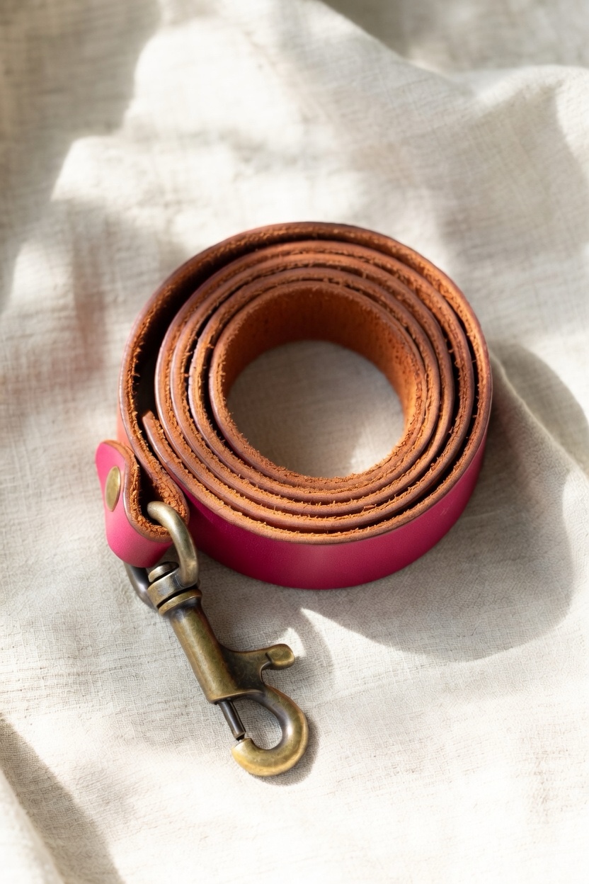 The Leash in raspberry pink full-grain leather, coiled with antique brass clip.