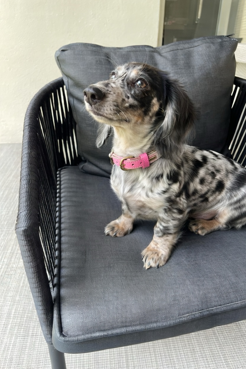 Olga the dachshund resting on a chair, wearing her pink collar.