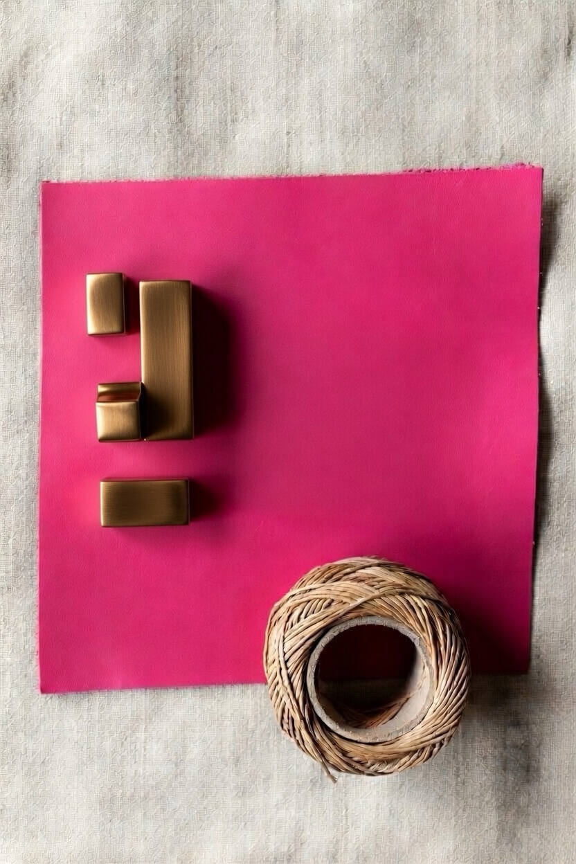 The Walk Kit — collar, leash, harness on raspberry pink leather with brass hardware.